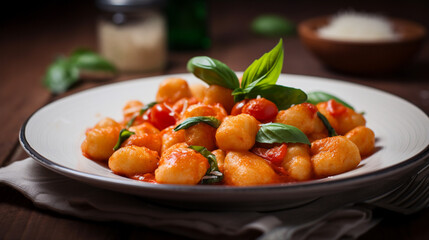 Sticker - A plate of gnocchi with tomato and basil sauce Generative AI