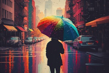 Canvas Print - person, enjoying the sun and rain with rainbow umbrella, on busy city street, created with generative ai