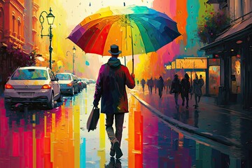 Poster - person, with rainbow umbrella, walking down busy city street, created with generative ai