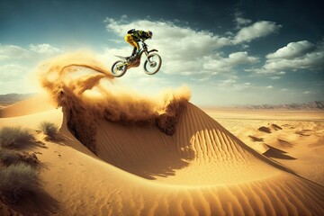 Wall Mural - high-speed cross bike jump over sand dune in the desert, created with generative ai