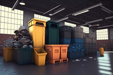 Wall Mural - recycling center, with bins and containers for various materials, sorted and ready for reuse, created with generative ai