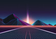 Photorealistic 80s 90s cyber punk landscape. New retro wave matte painting illustration of mesh highway road going to horizont. Rays of light rise to the sky Virtual reality computer spac