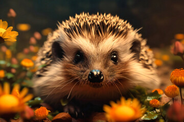 Wall Mural - A cute hedgehog snuffling around in a fragrant flower bed