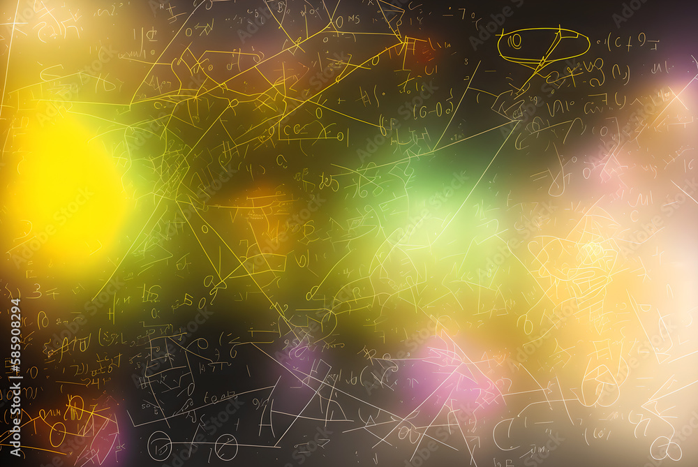 Many math formulas, lines, diagrams, numbers, chemical bonds, drawn on ...