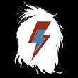 T-shirt design for the symbol of thunder with the silhouette of a rocker hairisolated on black. Glam rock poster