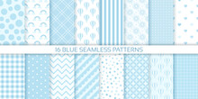 Blue Seamless Background. Scrapbook Baby Shower Patterns. Set Cute Prints With Polka Dots, Stripes, Zigzag, Plaid. Retro Pastel Texture. Geometric Childish Wrapping Backdrop. Color Vector Illustration