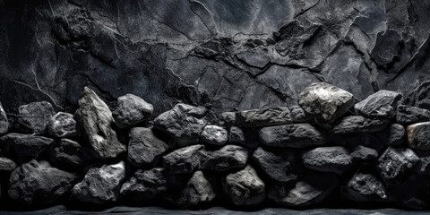 black concrete wall, grunge stone texture, dark gray rock surface background banner (created with Generative AI)