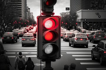 Canvas Print - red traffic light on a busy intersection, with people and cars bustling around it, created with generative ai