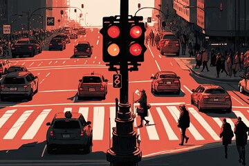 Wall Mural - red traffic light on a busy intersection, with people and cars bustling around it, created with generative ai