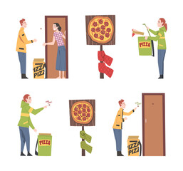 Wall Mural - Pizza Delivery Service with Man and Woman Courier with Box Vector Set