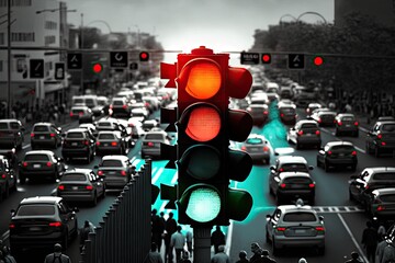 Canvas Print - red traffic light, with view of busy intersection, during rush hour, created with generative ai