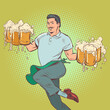 An elegant man with a mustache carries mugs of beer. Waiter in a bar, restaurant or tavern. Service staff, delivery