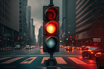 Canvas Print - red traffic light, with view of busy city street, during the evening rush hour, created with generative ai