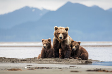 a mother grizzly bear with her cubs. generative ai