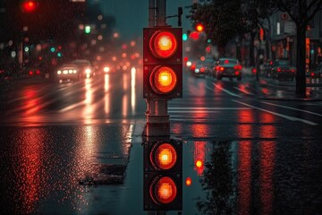 Canvas Print - red traffic light at night, with bright headlights and reflections in the street, created with generative ai