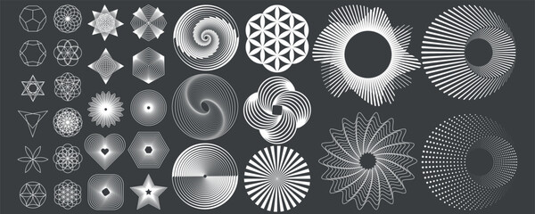a set of bright y2k retro elements in white on a black background in the form of geometric shapes. h