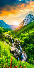 Wall Mural - Fantasy mountain landscape with trees and a waterfall - portrait wallpaper - generative AI