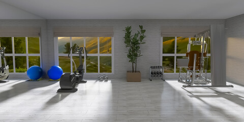 Home gym interior 3d render, 3d illustration