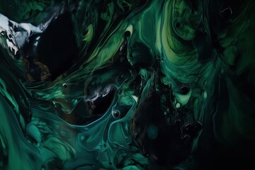  a green and black abstract painting with lots of black and green colors on the bottom of the image and the bottom of the image is black and white.  generative ai