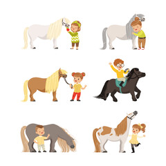 Little Boy and Girl with Pony Horse Riding and Care of It Vector Set