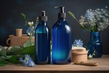  Three Blue Bottles With Soap And Lotion Sitting On A Table Next To A Vase With Blue Flowers And A Wooden Spoon With A Wooden Spoon.  Generative Ai