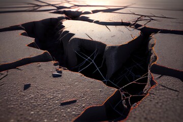 Poster - close-up of damaged road surface with broken concrete and rebar visible, created with generative ai