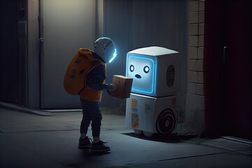 Canvas Print - person, receiving urgent package from robot courier with flashing lights and beeping sounds, created with generative ai