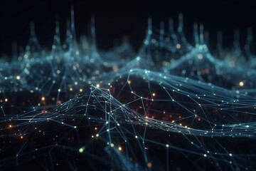  a dark background with lines and dots in the middle of it and a dark sky in the back ground with a few small dots in the middle of the lines.  generative ai