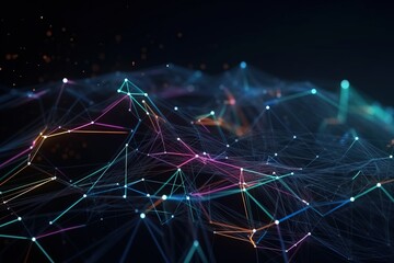  a dark background with lines and dots in the middle of it and a blue sky in the back ground with a few small dots in the middle.  generative ai