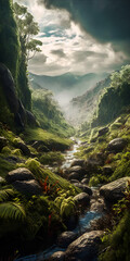 Wall Mural - Beautiful valley in a tropical rainforest during a misty sunset - portrait wallpaper - generative AI