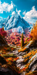 Wall Mural - Fantasy mountain landscape with trees and a river - portrait wallpaper - generative AI