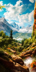 Wall Mural - Fantasy mountain landscape with trees and a river - portrait wallpaper - generative AI