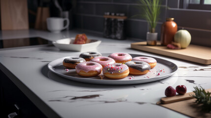 Canvas Print - Plate with donuts on a kitchen background Generative AI