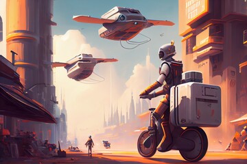 Wall Mural - futuristic city, with androids delivering packages on futuristic flying scooters, created with generative ai