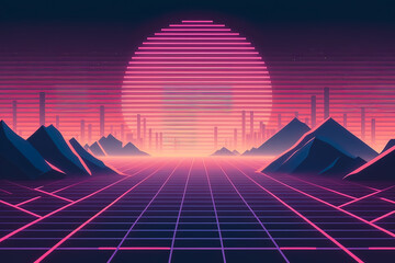 Retro cyberpunk style background. Sci-Fi background. Neon light grid landscapes. 80s, 90s. Generative AI