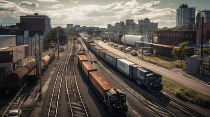 Canvas Print - A freight train passing through a busy port city Generative AI