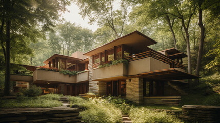 Wall Mural - A Frank Lloyd Wright house with organic architecture Generative AI