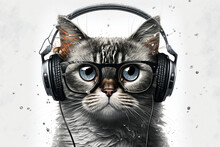 Funny Realistic Cat Wearing Big Retro Headphones
