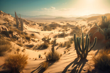 A desert landscape with towering sand dunes and cactus plants