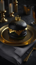 Black Hamburger With Golden Cheese And Crown As A Decoration For Luxury Celebrations By Generative AI