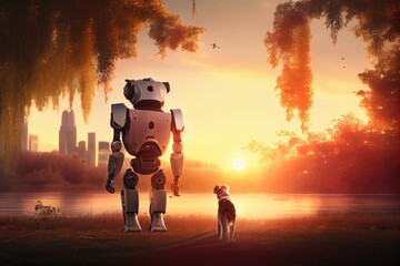 Poster - robot walks dog in park, with view of the sunset, created with generative ai