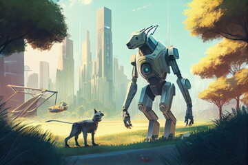 Canvas Print - futuristic city with towering buildings and robot walking dog in the park, created with generative ai