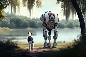 Poster - robot walks dog in park, with view of the lake and trees, created with generative ai