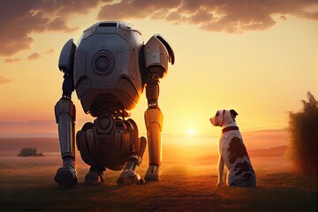 Wall Mural - robot walks dog in park, with view of the sunset, created with generative ai