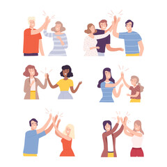 Canvas Print - Happy People Characters Giving High Five to Each Other Vector Illustration Set