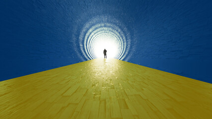 Concept or conceptual blue and yellow tunnel, the Ukrainian flag colors, with a bright light at the end as metaphor to hope and faith. A 3d illustration of a black silhouette of walking man to freedom