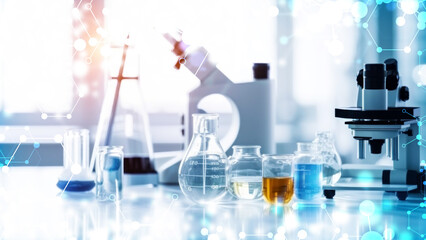 lab test lab glassware in chemical medical laboratory background, science laboratory research and de