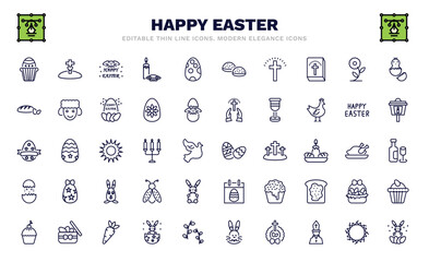 set of happy easter thin line icons. happy easter outline icons such as muffin, happy easter, cross,