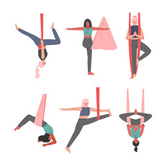 Wall Mural - Young Sporty Woman in Sportswear Practicing Aerial Yoga with Silk Ribbon Vector Set