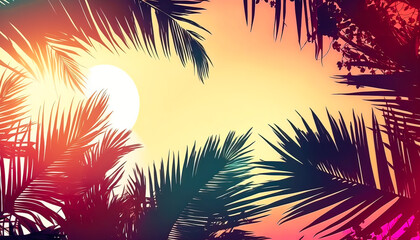 Copy space of silhouette tropical palm tree with sun light on sunset sky and cloud abstract background. Summer vacation and nature travel adventure concept. Vintage style. generative AI